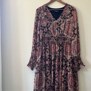Just Taylor Paisley Print Long Sleeve Peasant Maxi V-Neckline Dress Size 16